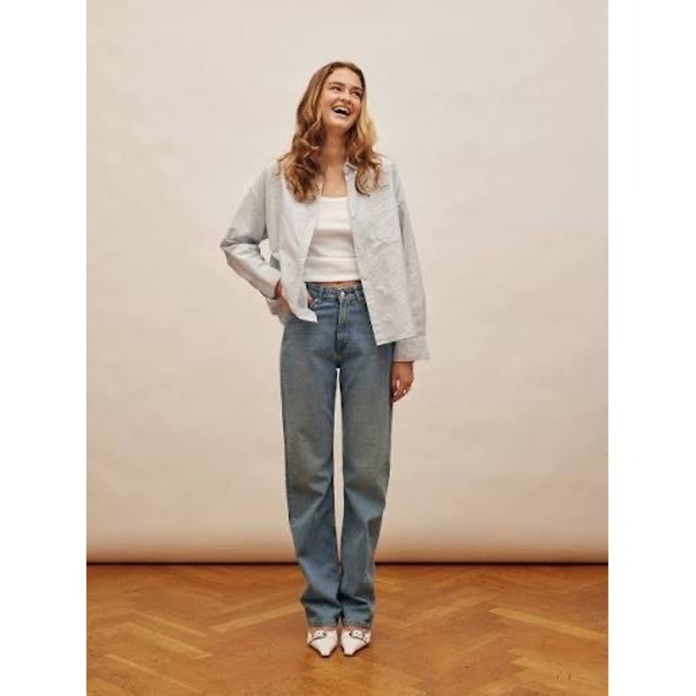 Djerf Avenue Straight Leg Jeans Blue High Waisted Heart Logo Embroidered Denim